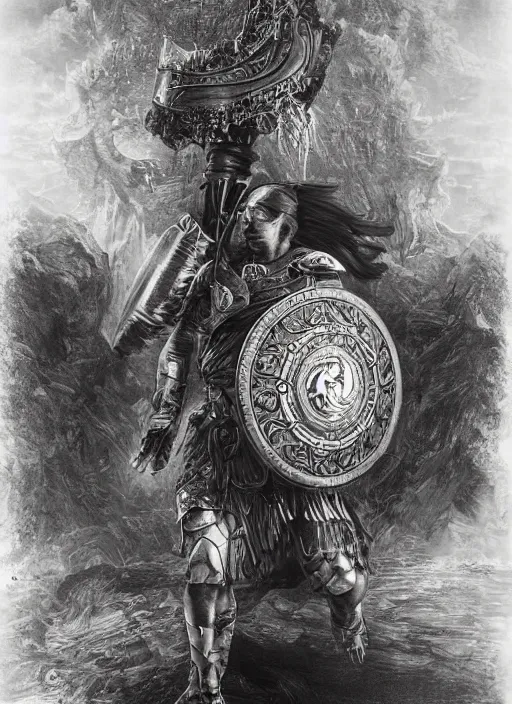 Image similar to highly detailed picture of great greek warrior with a shield, edge of the universe, symmetrical face, cinematic romantic magical, greek myth, masterpiece, from the book by gene wolfe, highly detailed painting by gustave dore