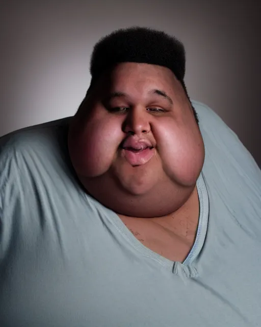 Image similar to Studio Photograph of a real life Super morbidly obese 800 pound American teenager Fat Albert in the Style of Annie Leibovitz,