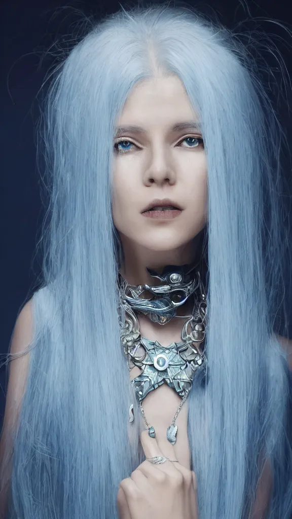 Prompt: blue alien woman, with white hair, silver jewellery, beautiful, elegant, sci-fi, fantasy, like sakimichan