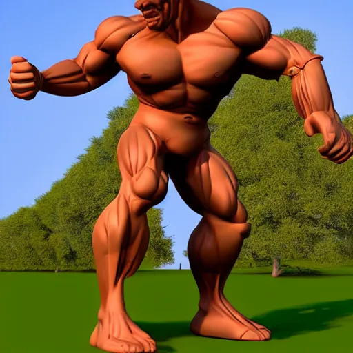 Image similar to extremely muscular bald man, small legs, exaggerated arms, 3 d model, gladiator, small head.