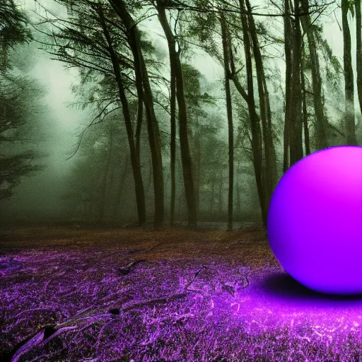 Prompt: A large black reflective sphere covered in glowing purple lines surrounded by a purple haze and reflective mist hovering over a sprawling forest