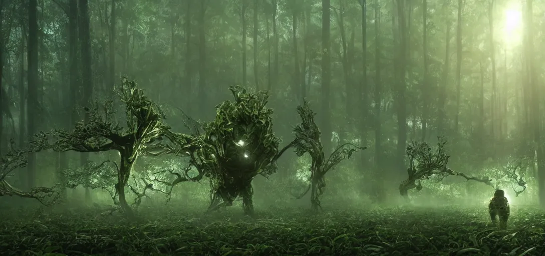 Prompt: an astronaut taking a photo of a complex organic fractal 3 d metallic symbiotic ceramic humanoid megastructure creature in a swampy lush forest, foggy, sun rays, cinematic shot, photo still from movie by denis villeneuve, wayne barlowe