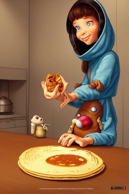 Image similar to et from spielberg making pancakes, animation pixar style, by pendleton ward, magali villeneuve, artgerm, rob rey and kentaro miura style, golden ratio, trending on art station