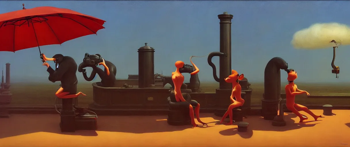 Prompt: steam engine, monkey dancing with umbrella, Edward Hopper and James Gilleard, Zdzislaw Beksinski, Mark Ryden, Wolfgang Lettl highly detailed