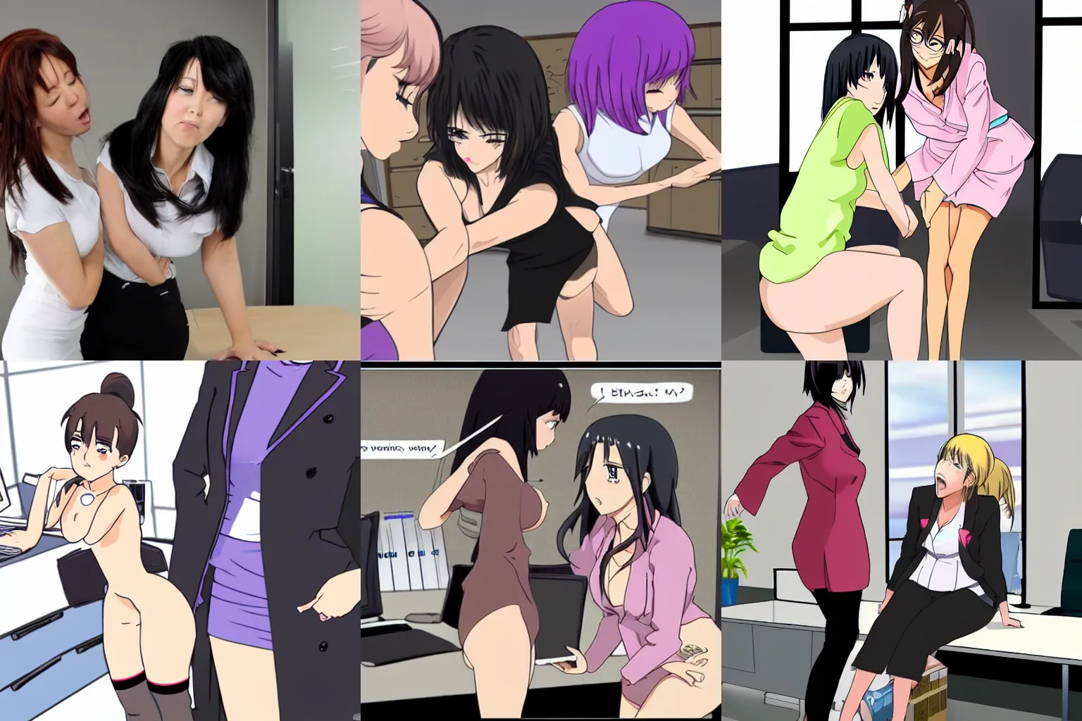 Prompt: Woman gives another woman a wedgie at the office, anime style.