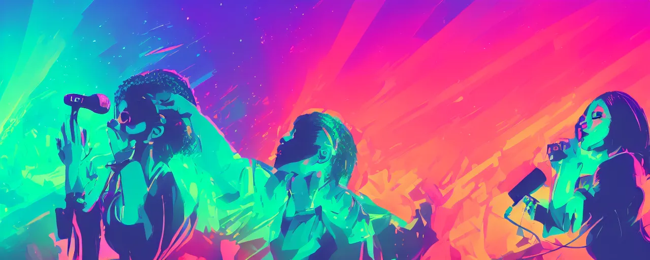 Image similar to woman rapping into microphone, silhouette, huge crowd, outrun, hip hop, digital art, Aurora borealis, trending on Artstation, professional artist, detailed, 4k