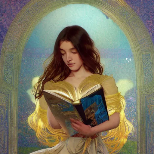 Prompt: a girl reading book, hair flowing down | hyperrealistic | action pose | digital painting | trending on artstation | pinup portrait | clean | illustration | dressed | Unreal Engine 5 | 8k resolution | by Greg Rutkowski Alphonse Mucha Gustav Klimt and Mel Ramos