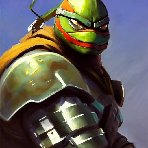 Image similar to greg manchess portrait painting of armored leonardo of tmnt as overwatch character, medium shot, asymmetrical, profile picture, organic painting, sunny day, matte painting, bold shapes, hard edges, street art, trending on artstation, by huang guangjian and gil elvgren and sachin teng