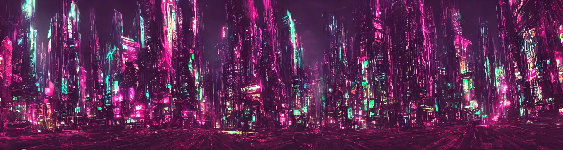 Image similar to gothic cyberpunk cityscape, neon, chrome