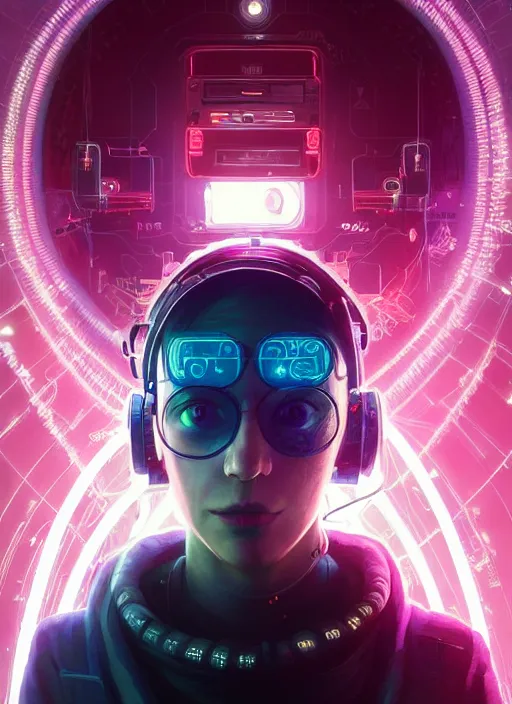 Image similar to highly detailed portrait of a cyberpunk sci - fi hacker, wires connect to the head, stephen bliss, unreal engine, greg rutkowski, loish, rhads, beeple, makoto shinkai and lois van baarle, ilya kuvshinov, rossdraws, tom bagshaw, alphonse mucha, global illumination, detailed and intricate environment