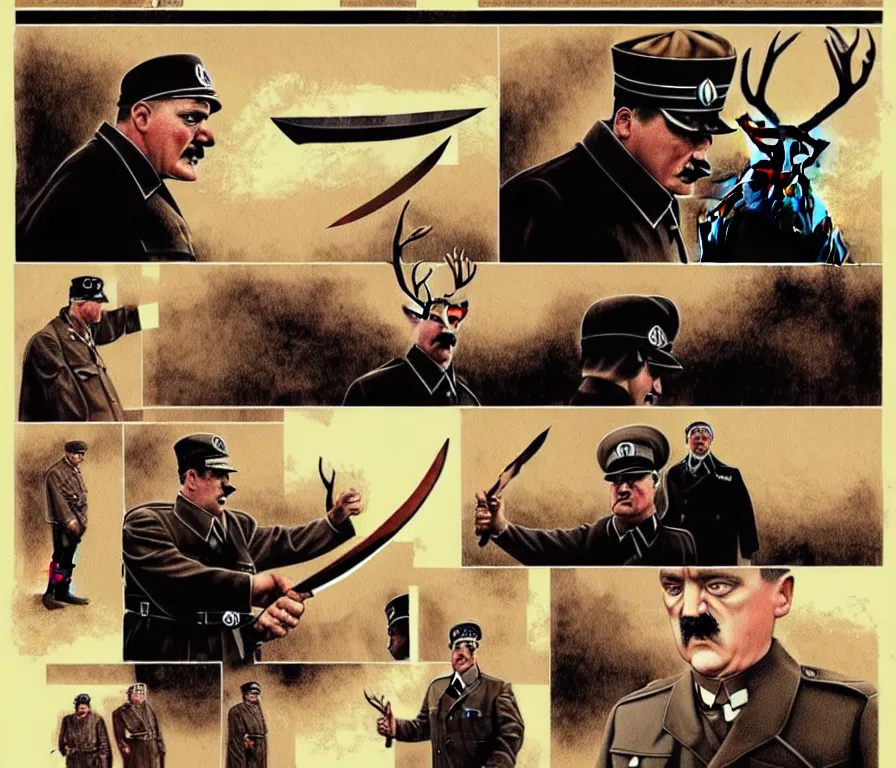 Image similar to character study of mike patton and hitler mixed, killing a deer with a knife | vivid colors : storyboard, concept design, realistic. by gabriel hardman, joe alves, j. todd anderson, chris bonura. cinematic atmosphere, detailed and intricate, perfect anatomy