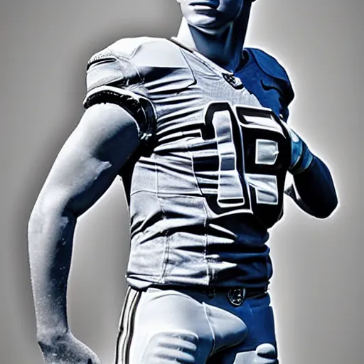 Image similar to “ a realistic detailed photo of a guy who is an attractive humanoid who is half robot and half humanoid, who is a male android, football player christian mccaffrey, shiny skin, posing like a statue, blank stare, on the field, on display ”