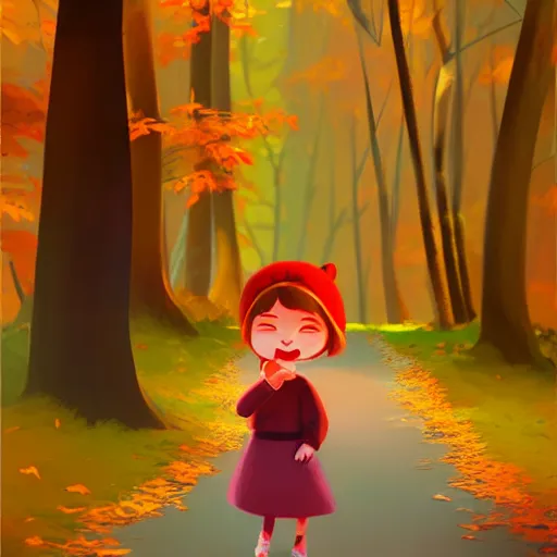 Image similar to samantha mash ilustration a beautiful little girl smiling, walking calmly through an autumn forest, style by goro fujita, character art, sharp focus, highly detailed, artstation