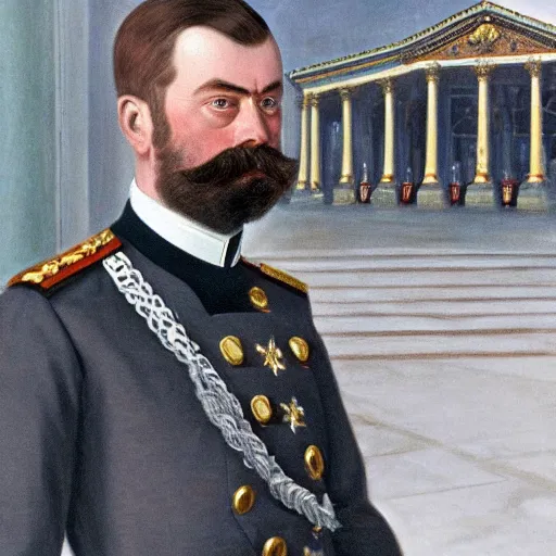 Image similar to russian emperor nicholas ii against the backdrop of the kazan cathedral in st. petersburg digital art, 8 k, character, realism, portrait