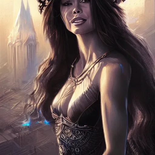 Image similar to a portrait of young brooke burke as a sorceress, upper half portrait, urban motifs, intricate, elegant, highly detailed, digital painting, trending on artstation, concept art, smooth sharp focus, illustration, art by artgerm and greg rutkowski