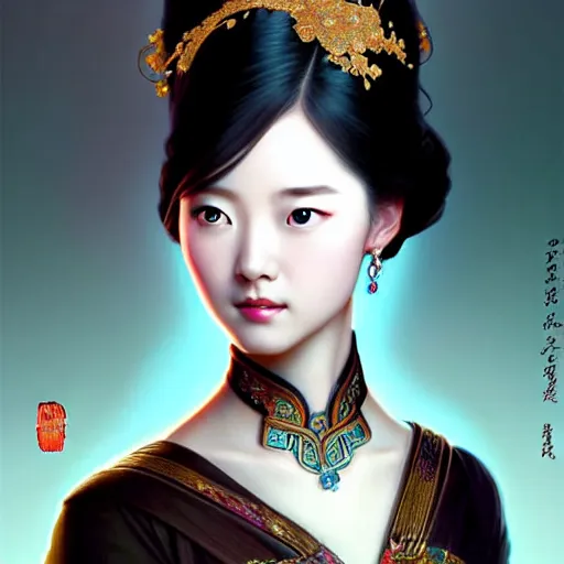 Image similar to ‘elegant Chinese princess like yifei liu, D&D, blue eyes, black hair, fantasy, intricate, elegant, highly detailed, digital painting, artstation, concept art, smooth, sharp focus, illustration, art by artgerm and greg rutkowski and alphonse mucha’