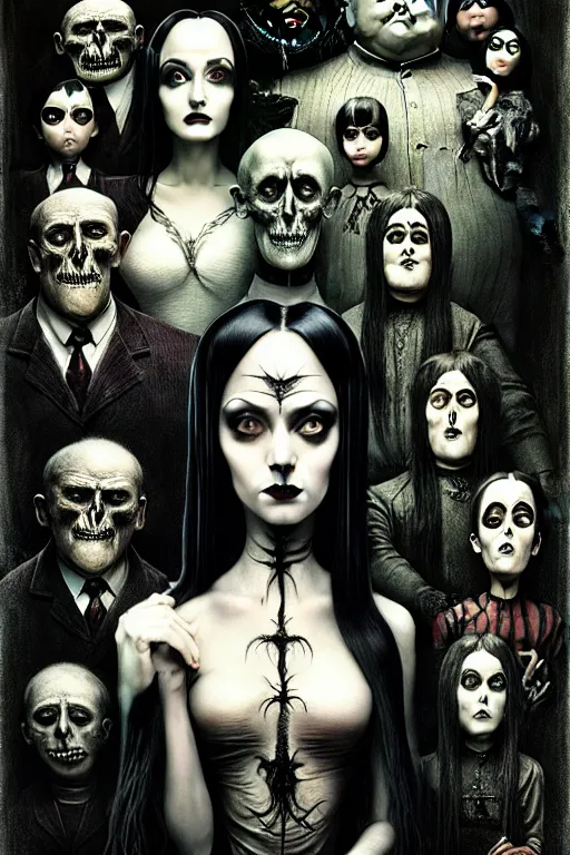 Prompt: addams family group picture, gothic, full - body, realistic portrait, ethereal, soft clean focus, art by emil melmoth, gustave dore, craig mullins, yoji shinkawa, art germ, pete morbacher, david lynch, hyper detailed, high detail, artstation, hyperrealistic, unreal