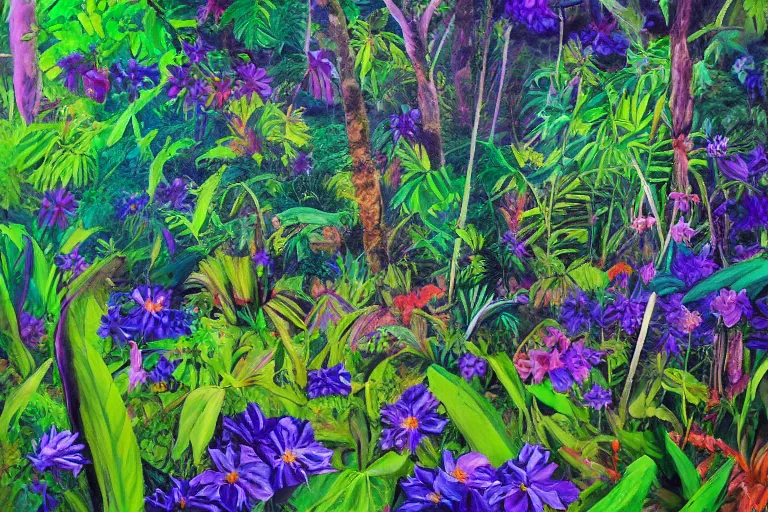 Image similar to A flowery meadow at the edge of a dense rainforest jungle, ultraviolet photography, oil painting