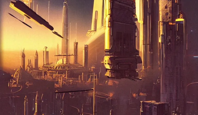 Prompt: A alien cityscape , metropolis and space craft overhead in the style of Syd Mead , Chris Foss .