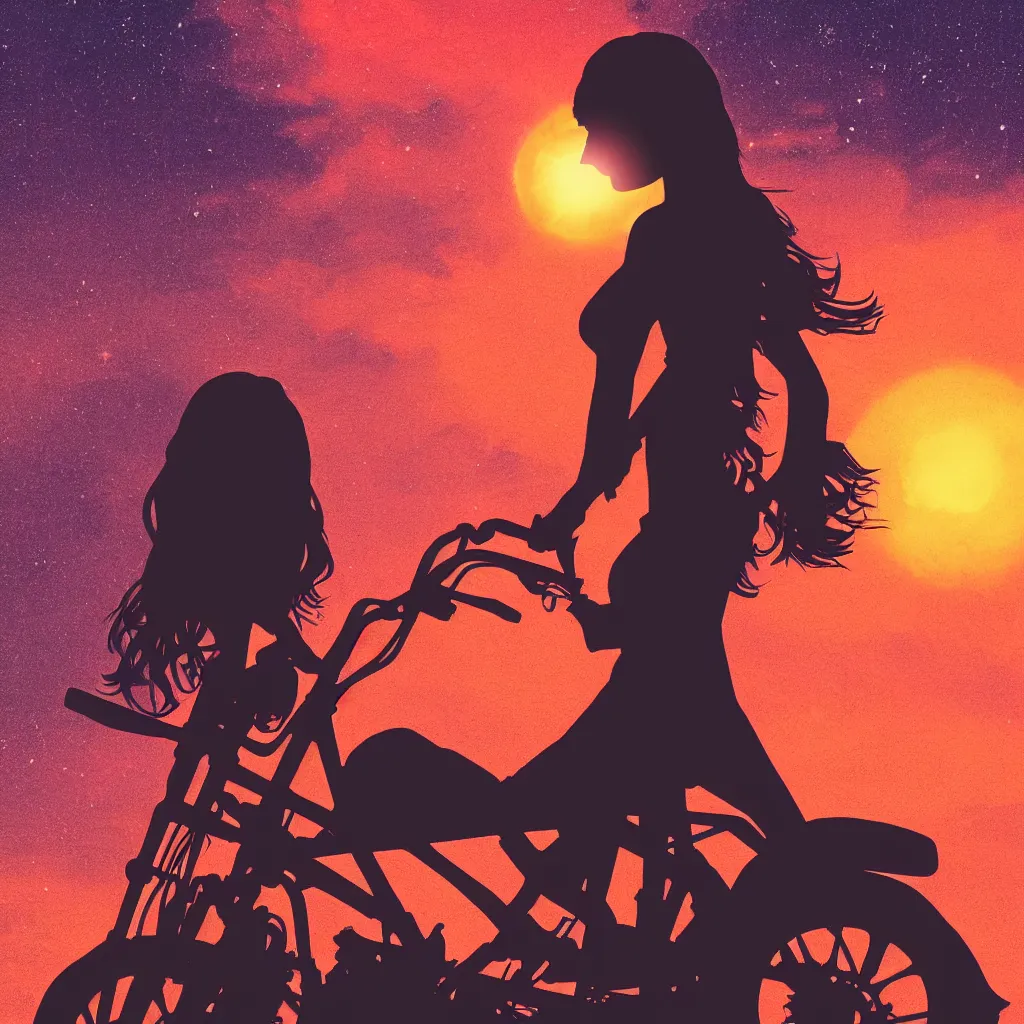 Image similar to woman silhouette on a motorcycle, stary sky, retrowave sunset, art station, movie poster