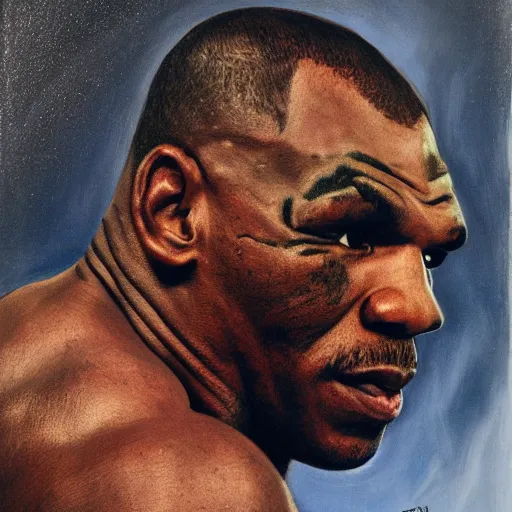 Image similar to portrait of mike tyson, determined, great detail, looking to the sky