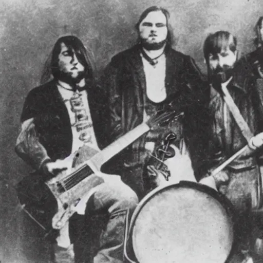 Prompt: 1910s daguerrotype footage of death metal band