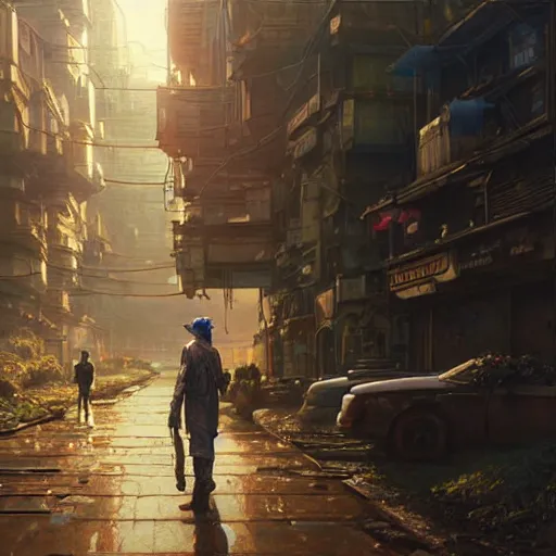 Image similar to A solarpunk very detailed farmer on the street of a very detailed solarpunk city art by Greg Rutkowski, neofuturistic highly detailed, digital art, smooth cyan gold light, sharp focus, Golden Ratio illustration, realistic concept art by Stephen Hickman and James Gurney and Hiromasa Ogura Ghost in the Shell rendered in Octane Render