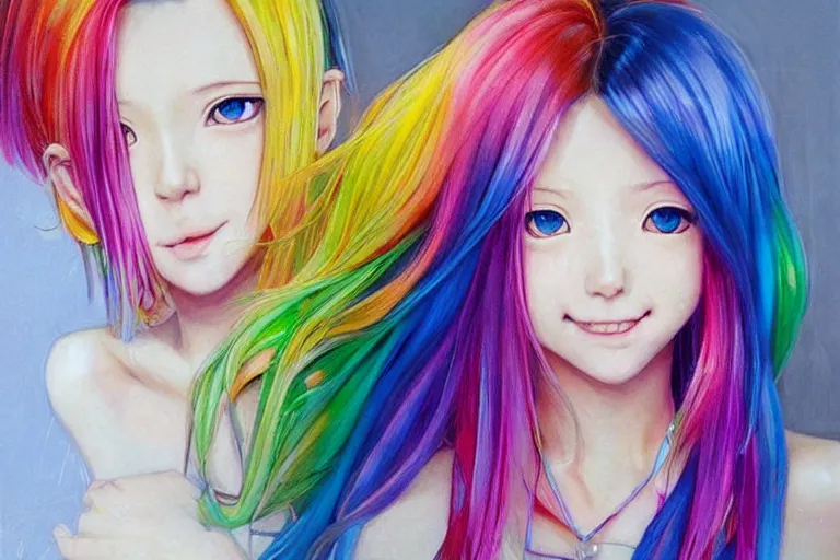 Prompt: Beautiful girl, rainbow hair, symmetrically, smiling, anime style, pixiv, pinterest anime, artist Steve Hanks, artist Alyssa Monks, endless summer art, artist WLOP artstation, artist Mam BA artstation, artist Arata Yokoyama, real photo, very detailed, realistic proportions, knowledge of anatomy, anatomy for beginners, true proportions of the face