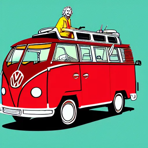 Image similar to illustration of jerry garcia (driving a Volkswagen bus) and waving