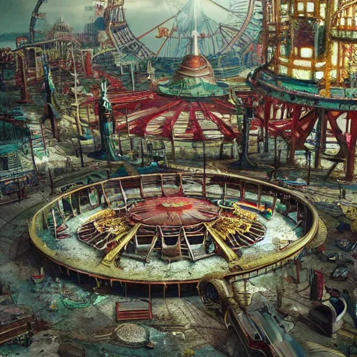 Prompt: abandoned Luna park in post-apocalyptic art deco scenery, intricate details, sad and optimistic feeling, photographic, realistic, photography by Christopher Doyle, unreal engine, artstation, Shaun Tan, simon stålenhag, katsuhiro otomo, Alfonso Mucha