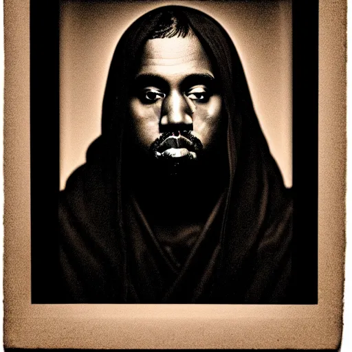 Image similar to a chiaroscuro lighting portrait of kanye west dressed as jesus, black background, portrait by julia margaret cameron, shallow depth of field, 8 0 mm, f 1. 8