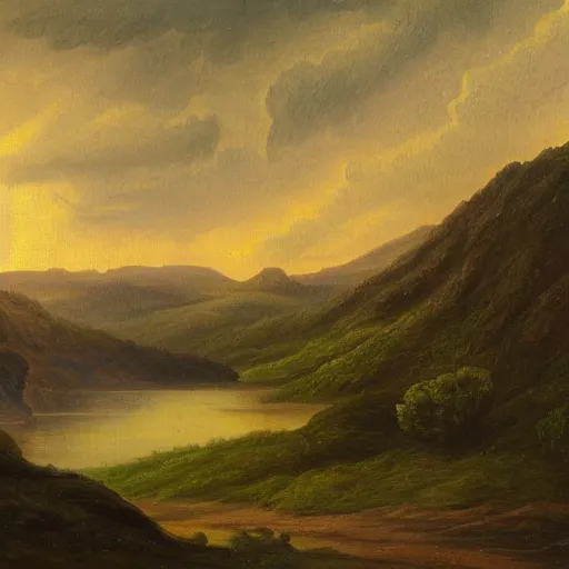 Prompt: landscape in the style of hudson river school of art by h. r. giger