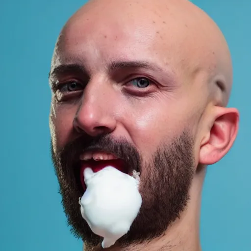 Image similar to close up photo of a fully clothed bald crimean man with yoghurt dripping from his face