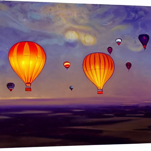 Image similar to beautiful lit hot air balloons floating in the beautiful night sky, john singer sargent art style, 4 k, modern