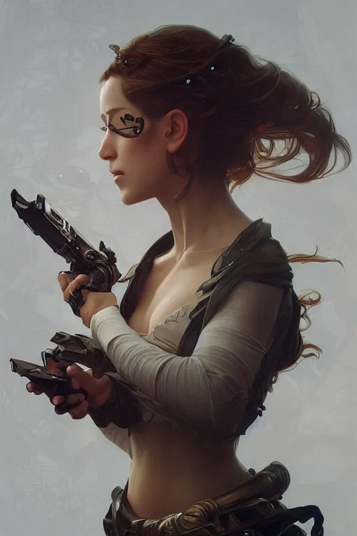 Image similar to a female bounty hunter, arcane, intricate, elegant, highly detailed, digital painting, artstation, concept art, smooth, sharp focus, illustration, art by artgerm and greg rutkowski and alphonse mucha and william - adolphe bouguereau
