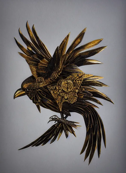 Prompt: metal crow, award - winning painting, abstract, gold and silver shapes, elegant, luxurious, beautiful, lovecraftian, beksinksi, chiaroscuro