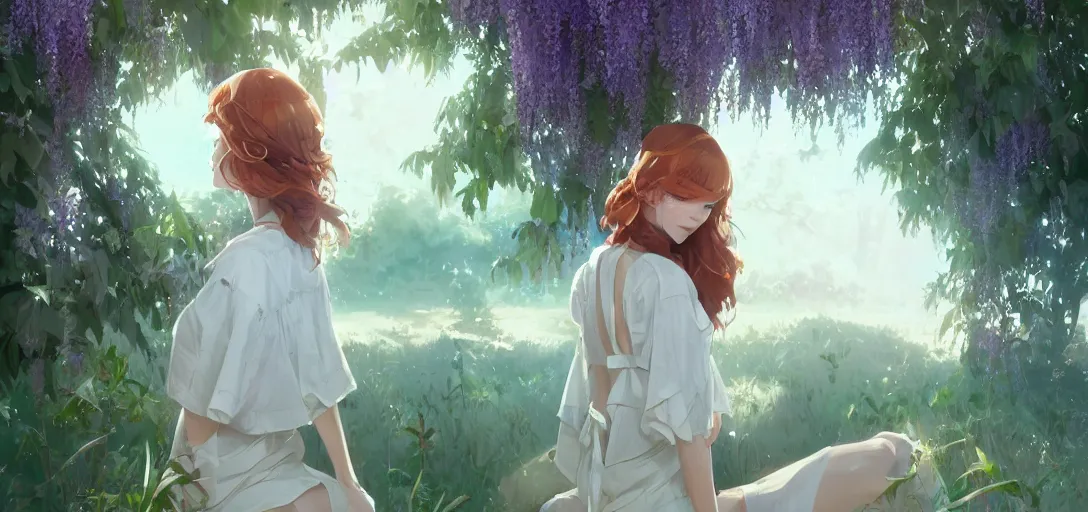 Image similar to a beautiful southern woman named Savannah, innocent, somber turquoise eyes, freckles, long ginger hair tied with white ribbon, sad under a wisteria plant, gentle lighting, storm in the distance, western clothing, dress, digital art by Makoto Shinkai ilya kuvshinov and Wojtek Fus, digital art, concept art,