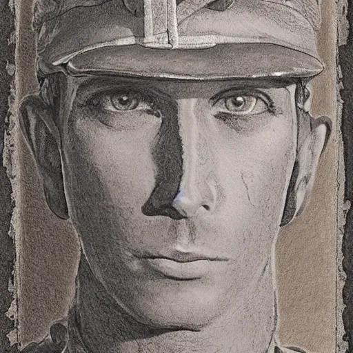 Image similar to a detailed photorealistic sepia - toned color line drawing of a 1 9 1 7 worried clean - shaven british lieutenant in detailed field gear not wearing a hat in wadi rum, ultra realistic, painted, intricate details, symmetrical features, lovecraft, atmospheric, dark, horror, brooding, highly detailed, by clyde caldwell