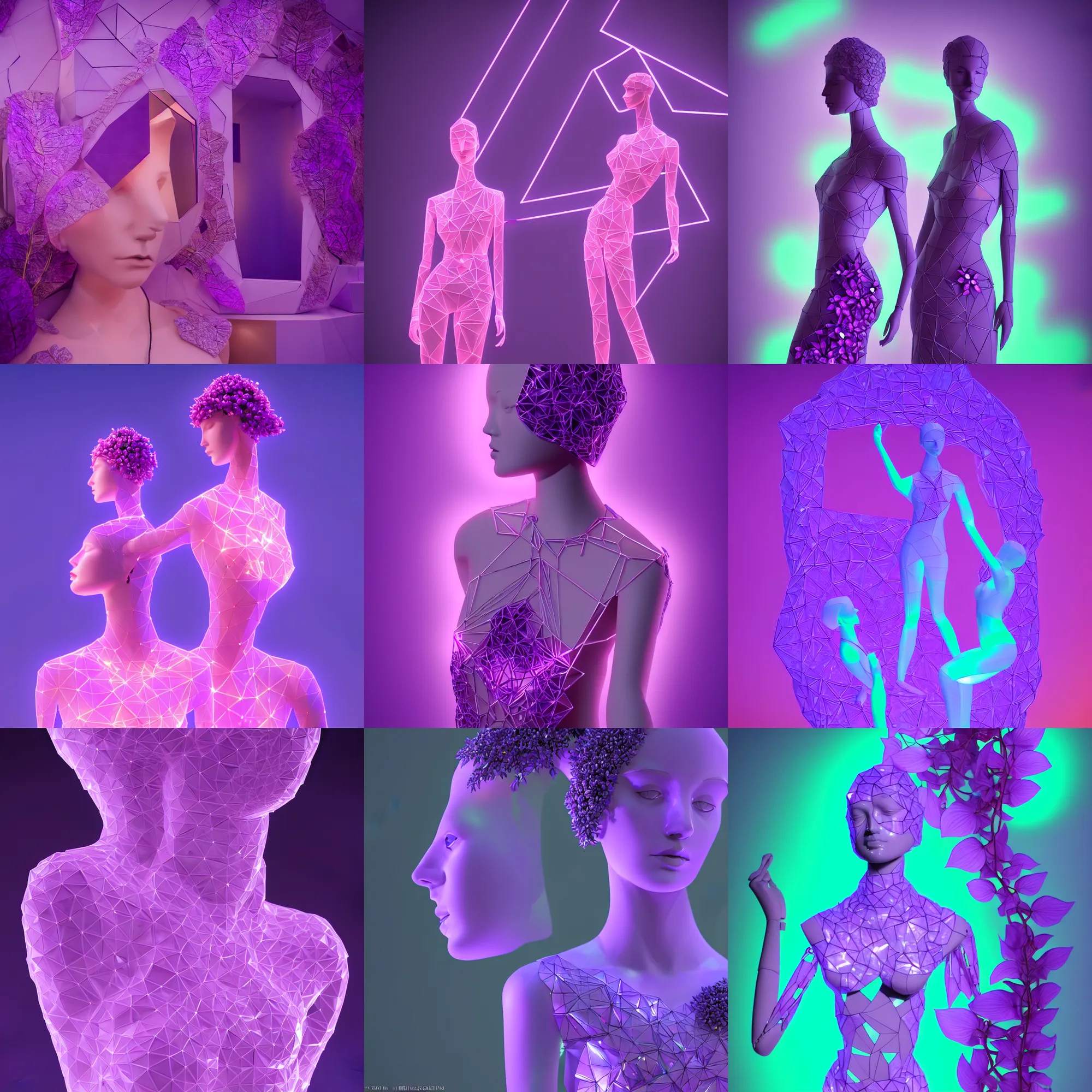 Image similar to beautiful mannequin sculpted out of amethyst by billelis + lit with 3 d geometric neon + facing a doorway opening with neon pink geometric fractal light + flowering hosta plants!!!, moon in background!, rule of thirds, clean linework, dramatic, award winning, 4 k, trending on artstation, photorealistic, volumetric lighting, octane render