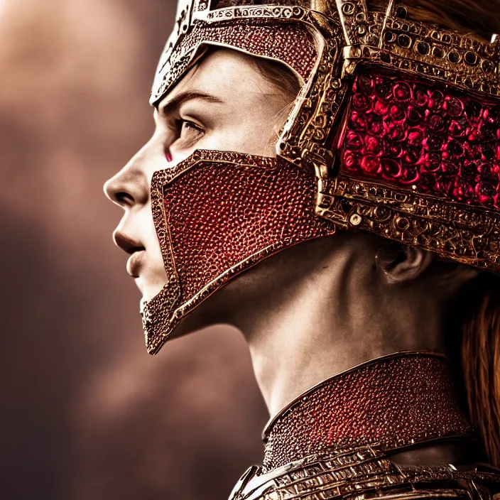 Prompt: photo of a beautiful strong warrior queen wearing ruby encrusted armour, highly detailed, 4 k, hdr, smooth, sharp focus, high resolution, award - winning photo