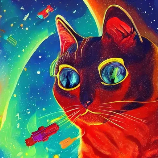 Prompt: cat, virus, antibodies, virus, antibodies in space. gouache. vibrant. amazing painting. high resolution. highly realistic. cool tones. close - up. 8 k. trending on artstation.