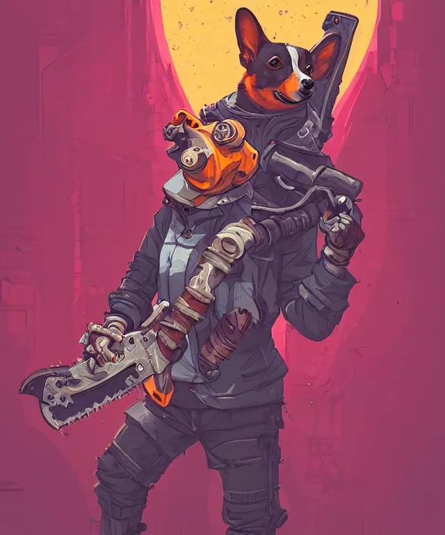 Image similar to a portrait of an anthropomorphic cyberpunk corgi holding a chainsaw, fantasy, elegant, digital painting, artstation, concept art, matte, sharp focus, illustration, art by josan gonzalez