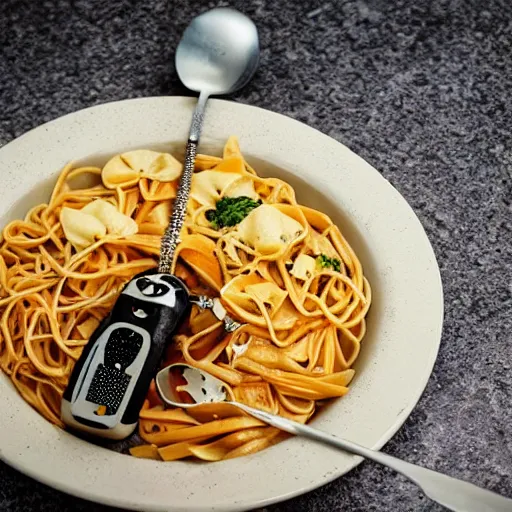 Image similar to “endless pasta bowl being eaten by a robot under the sea, still image depth of field 4k”