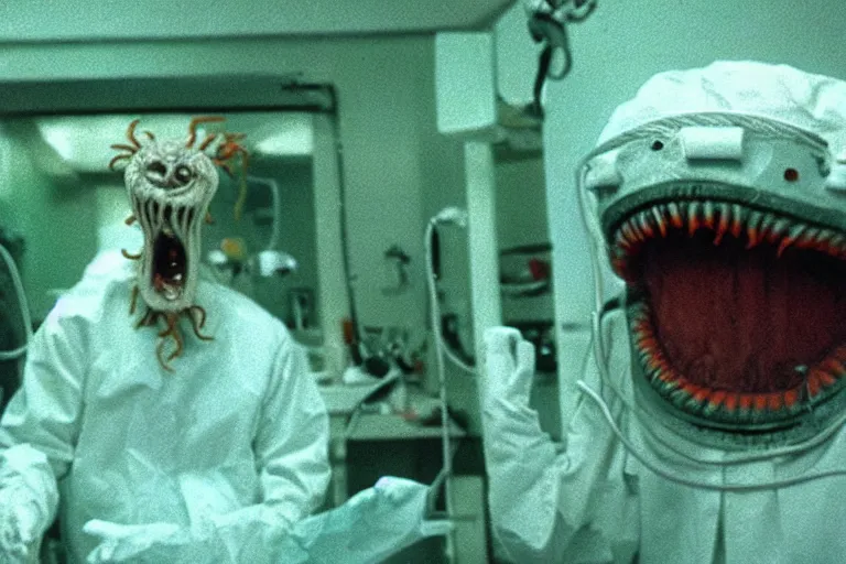 Prompt: scary filmic wide shot angle movie still 35mm film color photograph of a shape shifting horrific nightmarish abstract alien organism from The Thing 1982 spewing toxic spined tentacles made out of flesh strangling a doctor wearing a lab coat and surgical mask in the style of a horror film