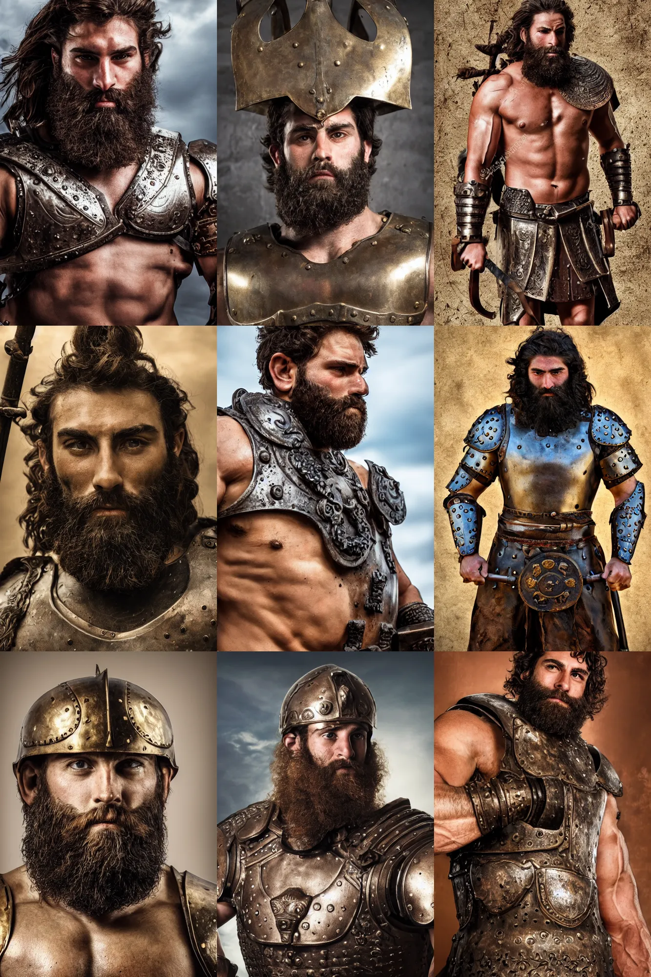 Prompt: portrait of a herculean jewish warrior. smooth iron and bronze armour. rugged young man, very beautiful. big muscles, cinematic lighting, highly detailed, full body shot. thick beard. action movie still.