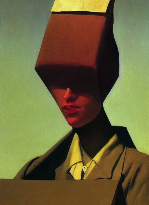 Image similar to woman with a paper bag over the head and a sward Edward Hopper and James Gilleard, Zdzislaw Beksinski, Steven Outram highly detailed