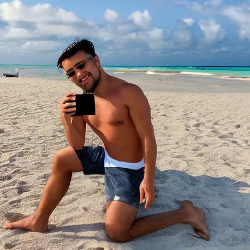 Prompt: male influencer taking pictures in the beach