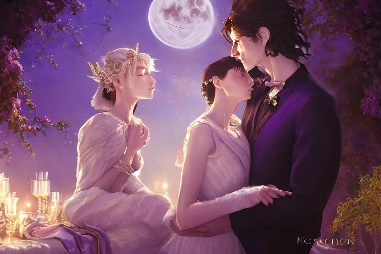 Image similar to a dreamlike cinematic portrait of wedding photograph close up moment of a divine a russia sun god and moon goddess lovers magician at a wedding banquet. portraiture. digital painting. artstation. concept art. fantasy wedding photo. digital painting, 8 k realistic, hyper detailed, violet evergarden art masterpiece by art by krenz cushart