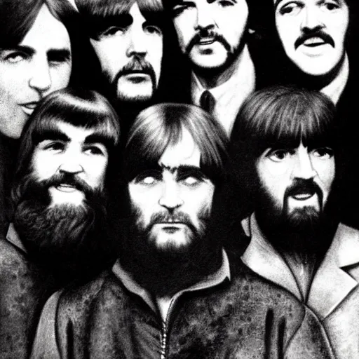 Image similar to charles manson singing with the beatles, portrait, high quality photography, realistic, detailed, uncropped, face detail,