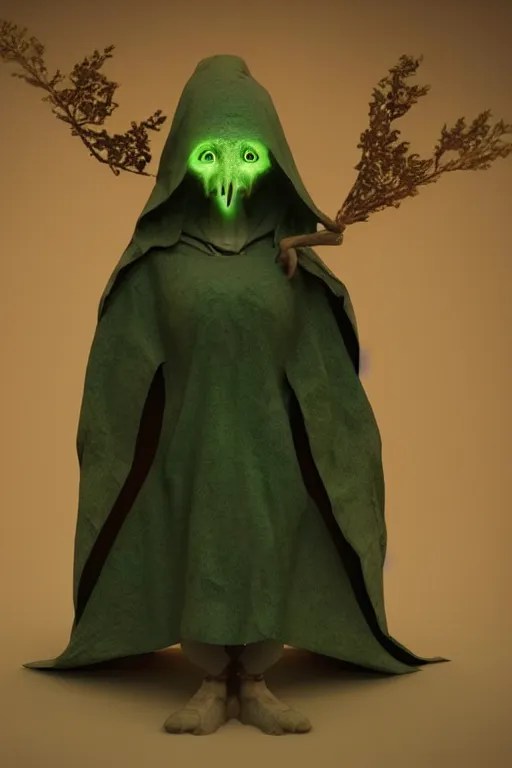 Image similar to A cute shaman with no nose, glowing eyes and a very long hooded dark green cloak of leaves by Vivien Lulkowski and Julien Kaspar, 3D render, stylized, Cycles Render